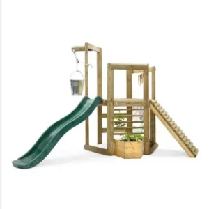 Preiswert Discovery Spielhaus Outdoor-Spielhaus für Kinder aus Holz, Kletterrampe, Rutsche, Pflanzkübel, Malscheibe, natur