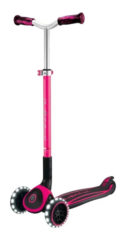 Versand Am Gleichen Tag GLOBBER ACE LIGHTS – Tretroller Kinder Teenager, 125/80 mm, ABEC 9, 3-rädrig, höhenverstellbar, LED-Leuchtrollen, pink