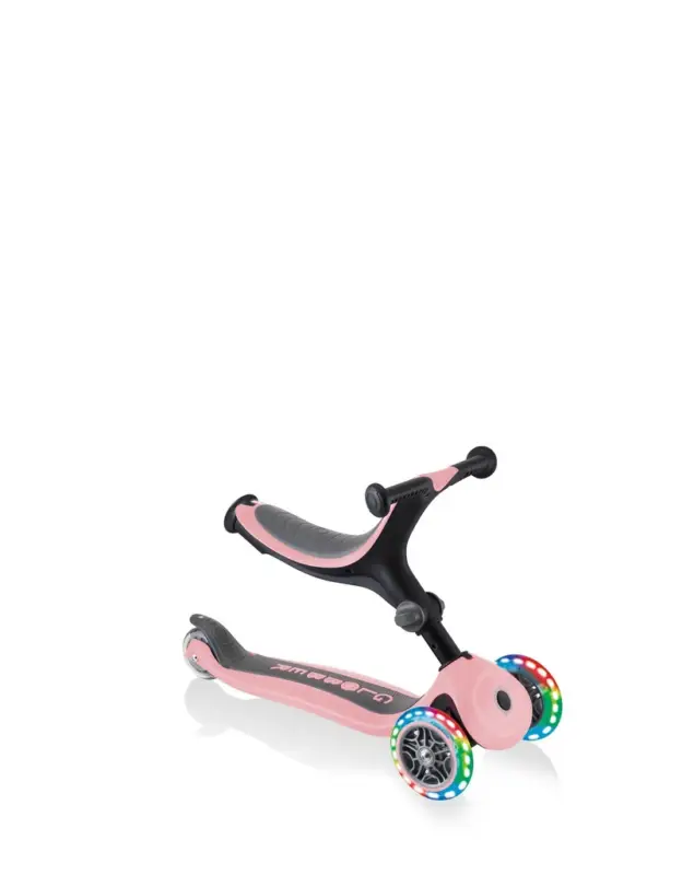 Neuheit GLOBBER GO-UP FOLDABLE LIGHTS – 3 in 1 Dreirad, 120/80 mm, ABEC 5, 3-rädrig, höhenverstellbar, LED-Rollen, pastellrosa