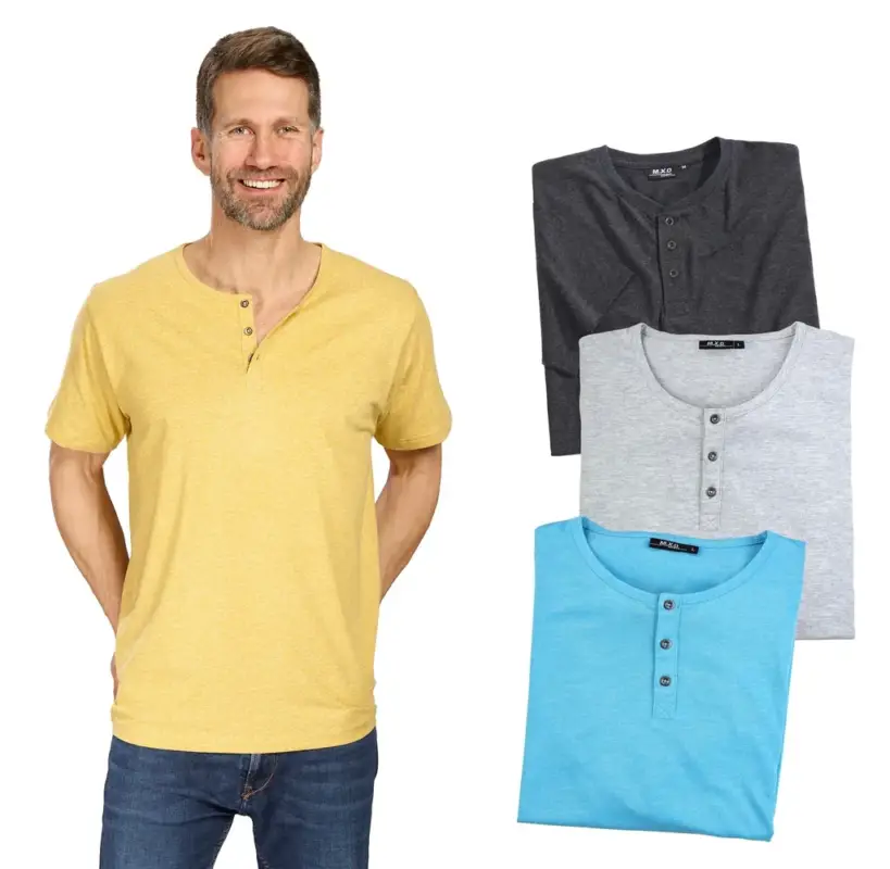 T-Shirt mit Knopfleiste, Farbe blau/melange, Gr.XL Top-Angebot