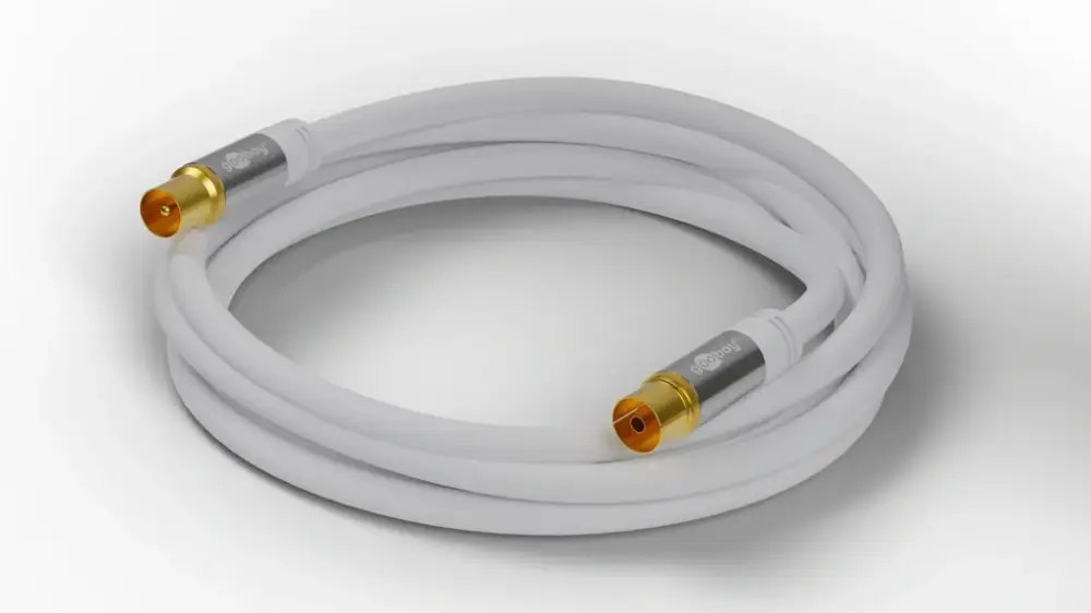 Neue Ware TV Antennenkabel 135 dB, 4x geschirmt, 5 m, Weiß, - vergoldet, Koax-Buchse > Koax-Stecker (70319)