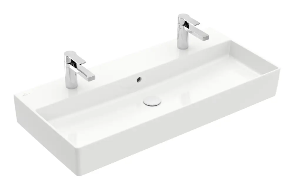 Markenprodukt Villeroy & Boch Memento 2.0 Waschbecken mit 2 Hahnlöchern mit Überlauf Unterseite ungeschliffen 1000 x 470 x 135 mm - Weiß Alpin mit CeramicPlus