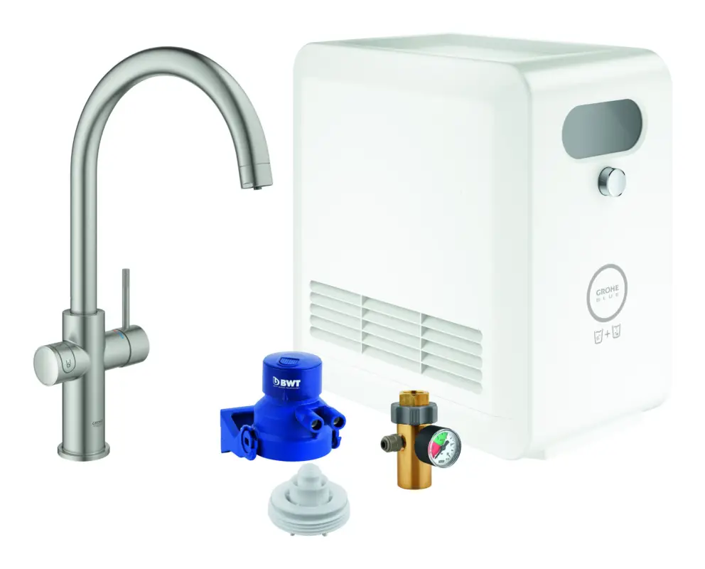 Garantierte Lieferung Grohe Blue Professional Starterkit Spültischarmatur mit C-Auslauf - Supersteel