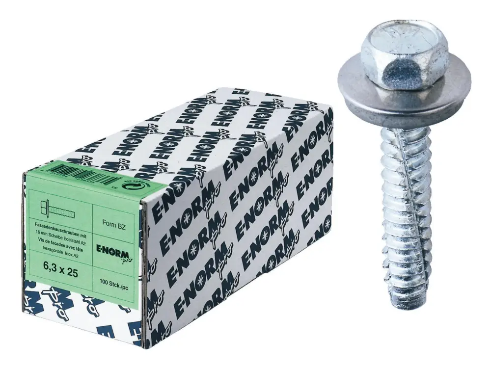 E-NORMpro Fassadenschraube Edelstahl A2 BZ 6,3 x 32 mm Dichtscheibe 16 mm(Verpackungseinheit: 100Stück) Garantierte Lieferung