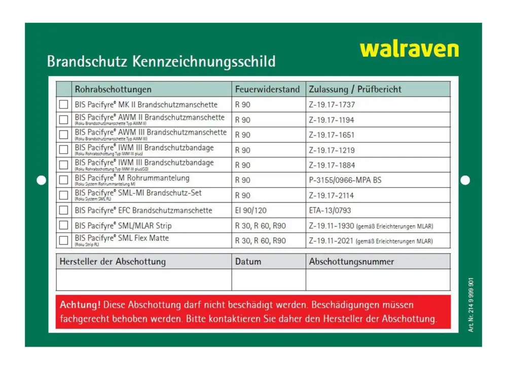Walraven BIS PACIFYRE Kennzeichnungsschild für Wände und Decken Bestpreis