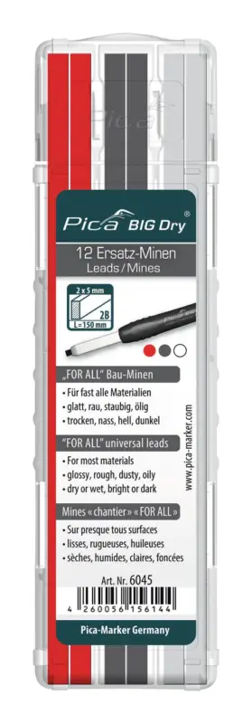 Pica Minen-Set für Zimmermanns-Bleistift BIG Dry FORALL Bau Graphit, weiß, rot Geprüft