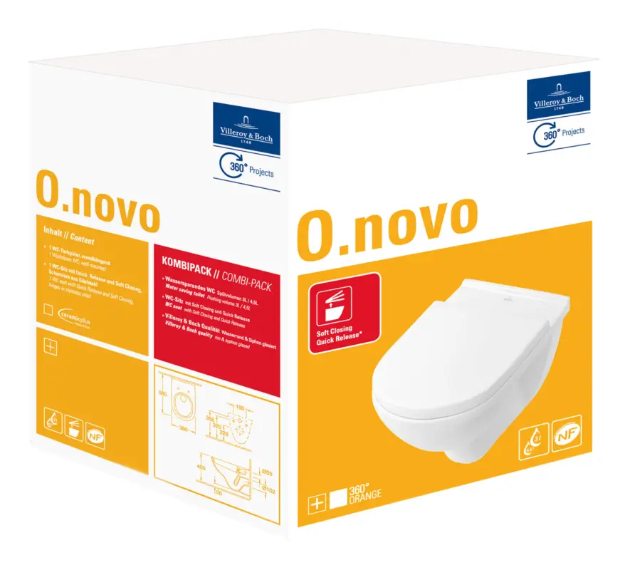 Zertifiziert Villeroy & Boch O.novo Combi-Pack Tiefspül-WC wandhängend 360 x 560 x 350 mm - Weiß Alpin mit CeramicPlus