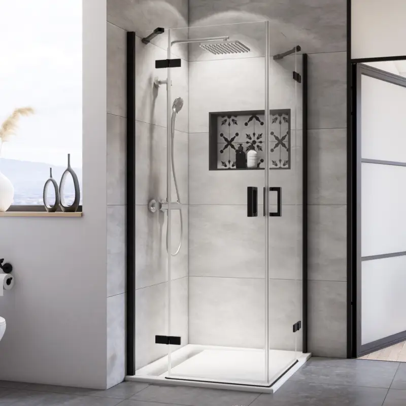 Neue Ware Breuer Panorama Black Edition Eckeinstieg Drehtür mit Festteil 4-teilig Grau getönt 90 x 90 cm - Schwarz matt