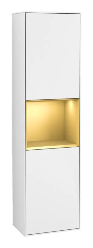 Villeroy & Boch Finion Hochschrank Regal mittig 2 Türen Anschlag links mit Beleuchtung (1x LED) 418 x 270 x 1516 mm - Glossy White Lacquer / Gold Matt Lacquer Preis Gesenkt