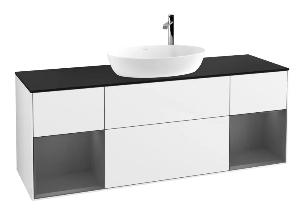 Meistverkauft Villeroy & Boch Finion Waschbeckenunterschrank für Becken mittig Regal links/rechts für Artis / Collaro rund 4 Auszüge mit Beleuchtung (2x LED) 1600 x 603 x 501 mm - Glossy White Lacquer / Anthracite Matt Lacquer / Glass Black Matt