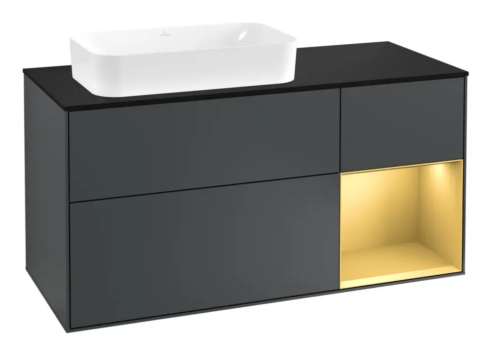 Villeroy & Boch Finion Waschbeckenunterschrank für Becken links Regal rechts für Finion 3 Auszüge mit Beleuchtung (1x LED) mit Hahnloch 1200 x 603 x 501 mm - Midnight Blue Matt Lacquer / Gold Matt Lacquer / Glass Black Matt Geprüft