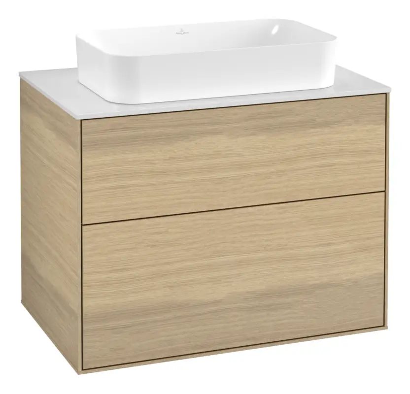 Letzte Chance Villeroy & Boch Finion Waschbeckenunterschrank für Becken mittig ohne Regal für Finion 2 Auszüge ohne Hahnloch 800 x 603 x 501 mm - Oak Veneer / Glass White Matt