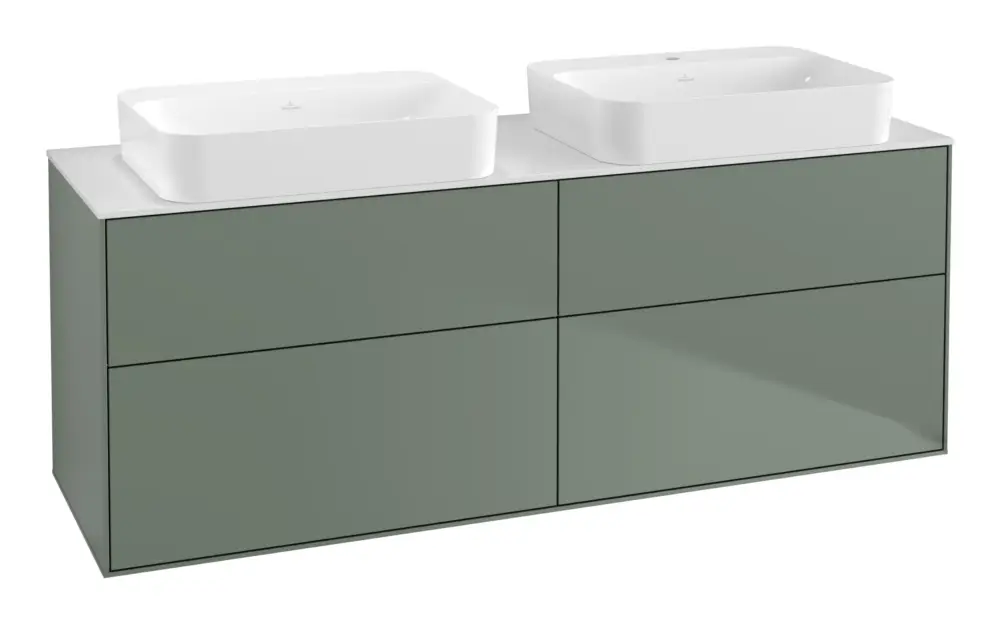 Neu Im Sortiment Villeroy & Boch Finion Waschbeckenunterschrank für 2 Becken ohne Regal für Finion 4 Auszüge ohne Hahnloch 1600 x 603 x 501 mm - Olive Matt Lacquer / Glass White Matt