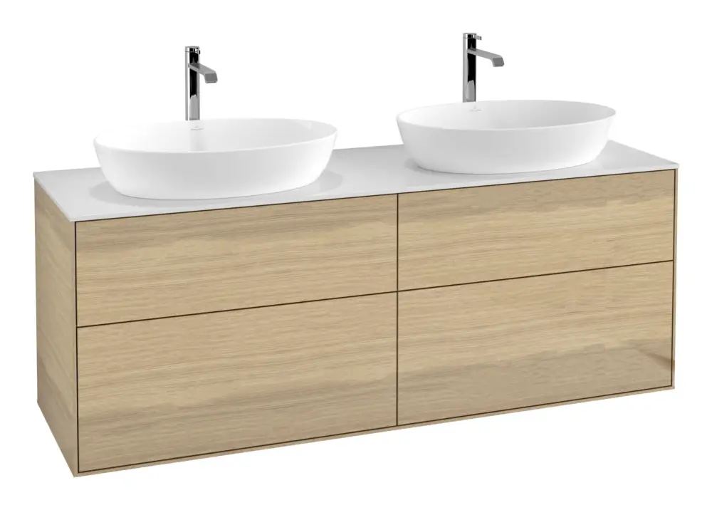 Villeroy & Boch Finion Waschbeckenunterschrank für 2 Becken ohne Regal für Artis / Collaro 4 Auszüge ohne Hahnloch 1600 x 603 x 501 mm - Oak Veneer / Glass White Matt Direktkauf