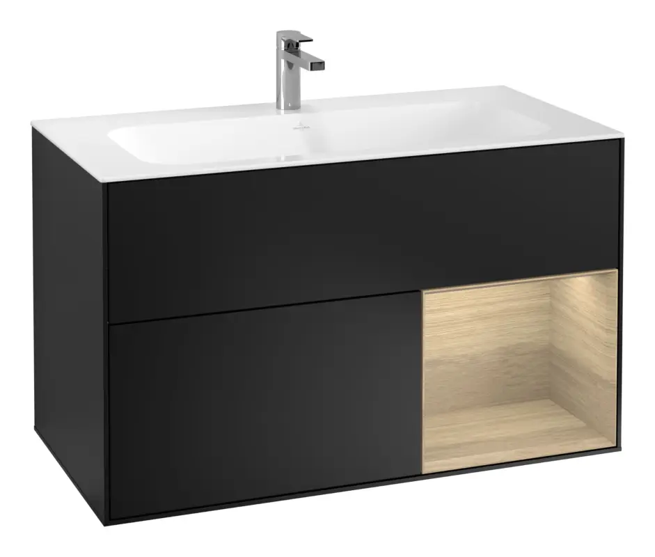 Nur Für Kurze Zeit Villeroy & Boch Finion Waschbeckenunterschrank für Becken mittig Regal rechts für Finion 2 Auszüge mit Beleuchtung (3x LED) 996 x 591 x 498 mm - Black Matt Lacquer / Oak Veneer
