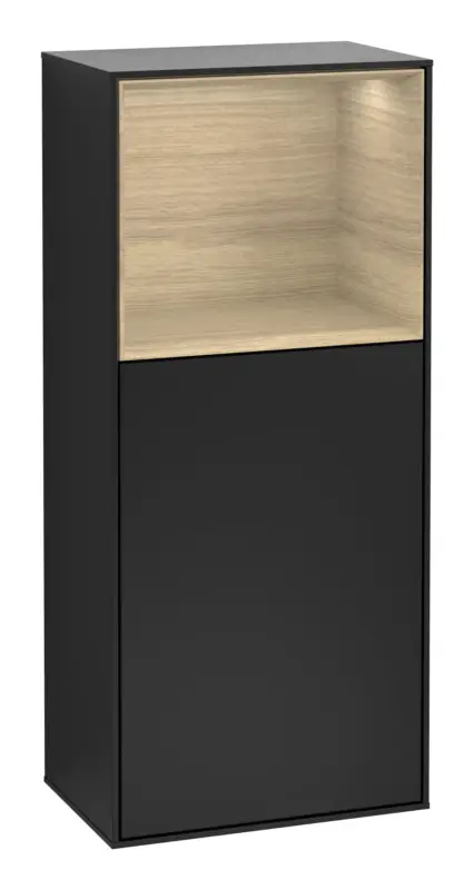 Knallerangebot Villeroy & Boch Finion Seitenschrank Regal oben 1 Tür Anschlag rechts mit Beleuchtung (3x LED) 418 x 936 x 270 mm - Black Matt Lacquer / Oak Veneer