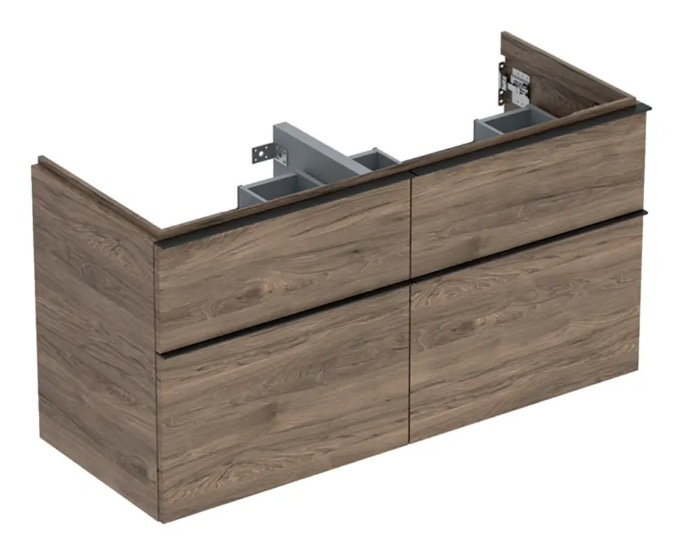 Geprüft Geberit iCon Waschtischunterschrank mit 4 Schubladen 1184 x 615 x 476 mm - Dekor Nussbaum hickory / Griff Lava pulverbeschichtet matt