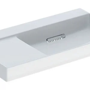 Aktuell Geberit ONE Waschtisch mit Ablage links ohne Hahnloch ohne Überlauf 900 x 484 mm - Weiß / Weiß glänzend mit KeraTect