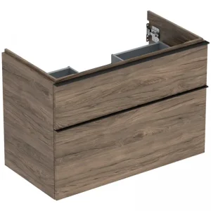 Abverkauf Geberit iCon Waschtischunterschrank mit 2 Schubladen 888 x 615 x 476 mm - Dekor Nussbaum hickory / Griff Lava pulverbeschichtet matt