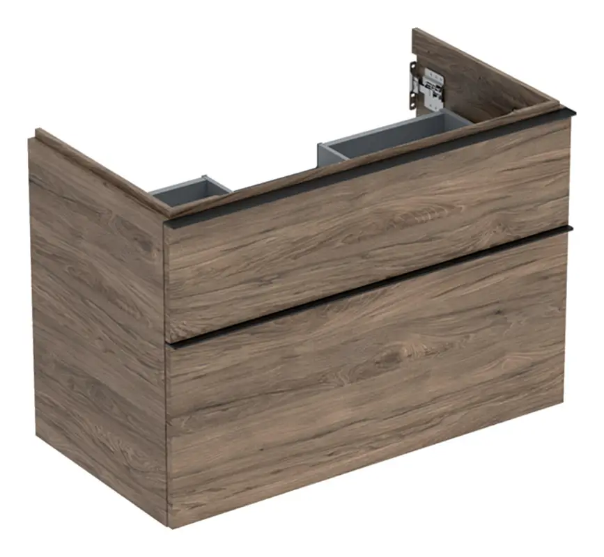 Abverkauf Geberit iCon Waschtischunterschrank mit 2 Schubladen 888 x 615 x 476 mm - Dekor Nussbaum hickory / Griff Lava pulverbeschichtet matt