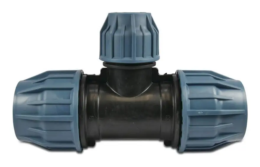 Bevo PP Klemm T-Stück 90° 25 mm x 20 mm x 25 mm 16 bar Schwarz/Blau DVGW/KIWA/WRAS Sofort Bestellen