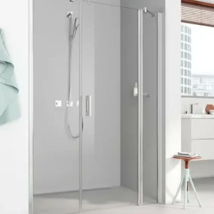 Kermi Pega Pendeltür 1-flügelig mit 2 Festfeldern für Nische oder Seitenwand Strukturglas SR Arena C mit Beschichtung KermiClean Anschlag rechts Silber Hochglanz Montage bodengleich 113 cm x 200 cm Sichere Zahlung