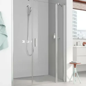 Angebot Kermi Pega Pendeltür 1-flügelig mit 2 Festfeldern für Nische oder Seitenwand Milchglas SR Opaco mit Beschichtung KermiClean Anschlag rechts Silber Hochglanz Montage auf Duschwanne 120 cm x 200 cm