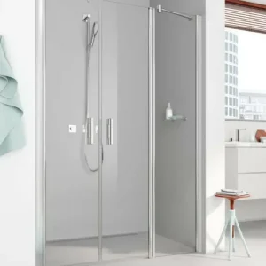Abverkauf Kermi Pega Pendeltür 2-teilig mit Festfeld für Nische oder Seitenwand Strukturglas SR Arena C Anschlag links Silber Hochglanz Montage auf Duschwanne 110 cm x 200 cm