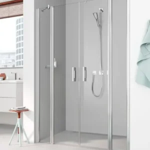 Angebot Kermi Pega Pendeltür 2-teilig mit 2 Festfeldern für Nische oder Seitenwand Strukturglas SR Arena C Anschlag frei wählbar Silber Hochglanz Montage auf Duschwanne 130 cm x 185 cm