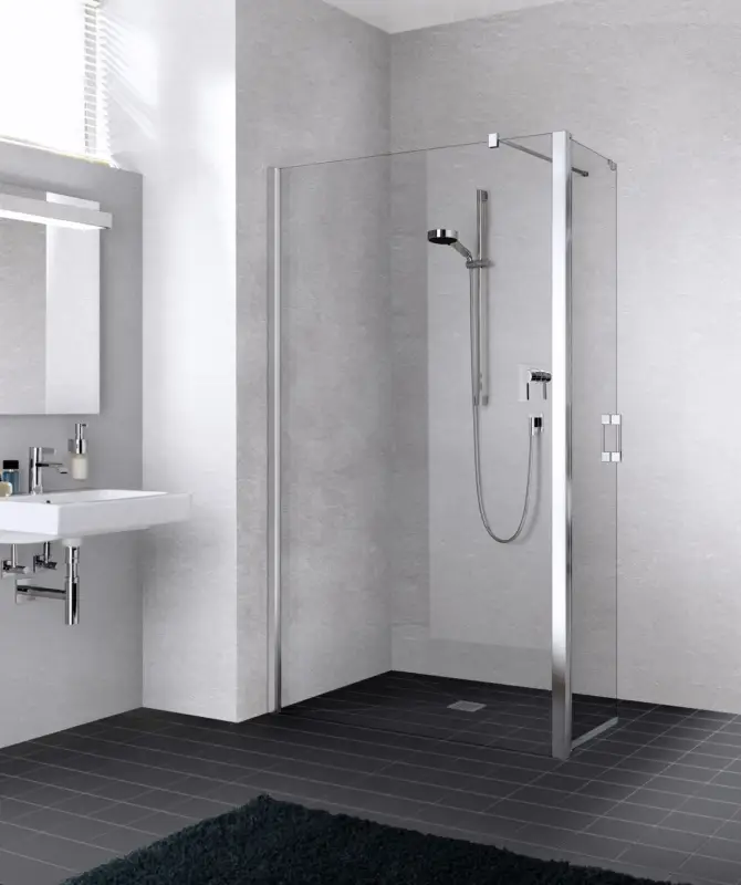 Sonderaktion Kermi Liga Walk-In Wall mit beweglichem Flügel Klarglas hell 90 ° Stabilisierung Anschlag links Silber Hochglanz Montage auf Duschwanne 120 cm x 200 cm