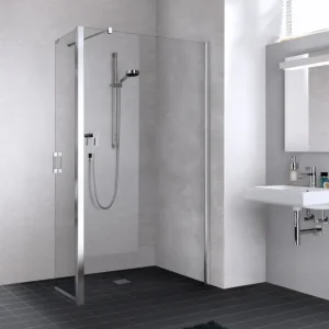 Aktuell Kermi Liga Walk-In Wall mit beweglichem Flügel Klarglas hell 90 ° Stabilisierung Anschlag rechts Silber mattglanz Montage auf Duschwanne 90 cm x 200 cm