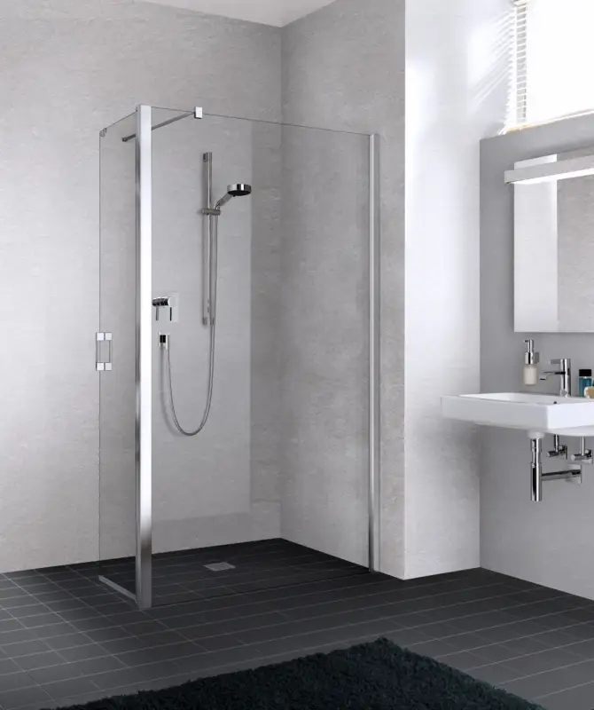 Neuheit Kermi Liga Walk-In Wall mit beweglichem Flügel Klarglas hell 90 ° Stabilisierung Anschlag rechts Silber mattglanz Montage bodengleich 93 cm x 185 cm