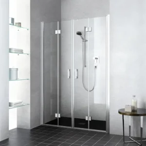 Angebot Kermi Liga Pendel-Falttür 4-teilig für Nische oder Seitenwand Klarglas hell mit Beschichtung KermiClean Anschlag frei wählbar Silber mattglanz Montage bodengleich 123 cm x 200 cm