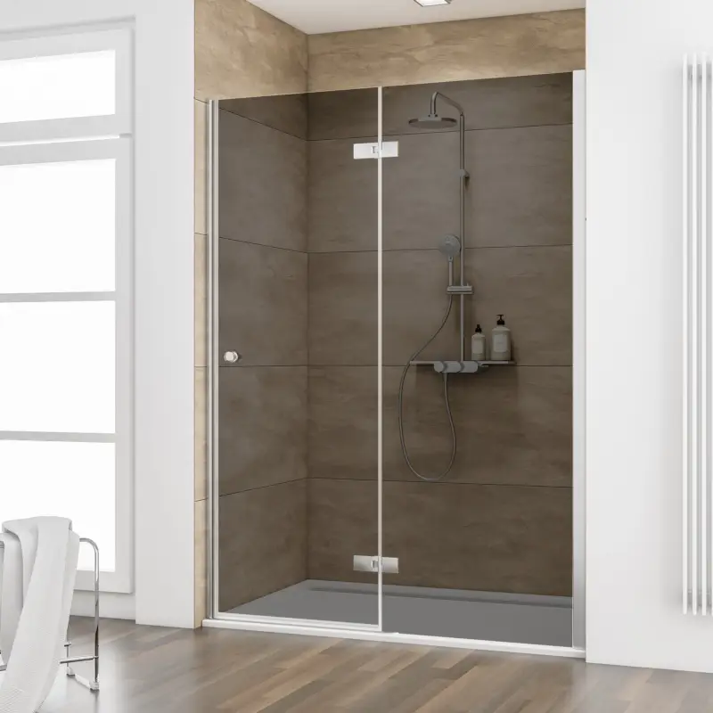 Abverkauf Schulte MasterClass Pendeltür an Nebenteil für Nische Grau anthrazit Edelstahloptik Pendelscharnier Eckig Verchromt 140 cm / 200 cm Türanschlag rechts