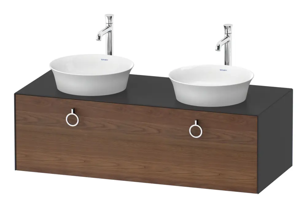 Preiswert Duravit White Tulip Konsolenwaschtischunterschrank für 2 Becken wandhängend mit 1 Auszug mit Griff 1300 x 408 x 550 mm - Amerik. Nussbaum Matt / Graphit Seidenmatt