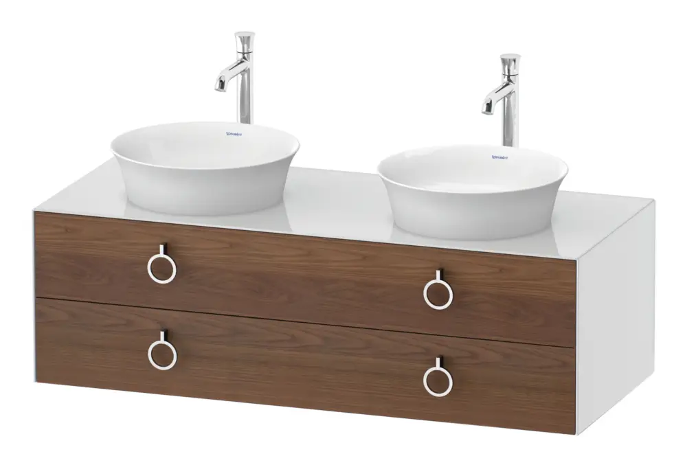 Mega-Angebot Duravit White Tulip Konsolenwaschtischunterschrank für 2 Becken mit 2 Auszügen mit Griff 1300 x 408 x 550 mm - Amerik. Nussbaum Matt / Weiß Hochglanz