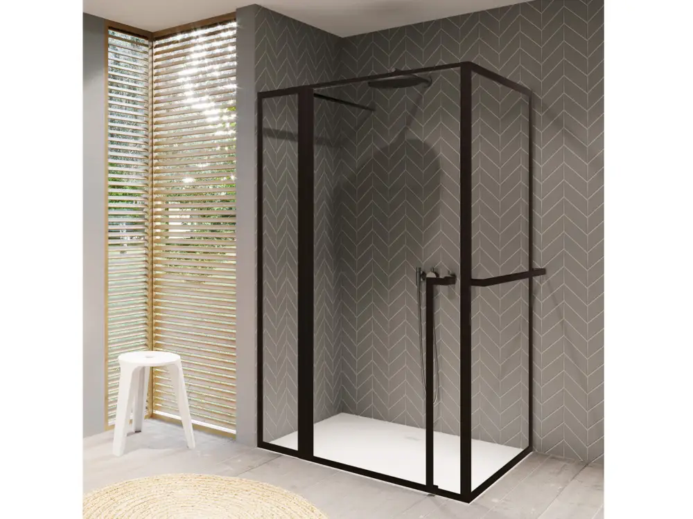 Neu Im Sortiment Riho Lucid Pendeltür Eckeinstieg mit Festteil 3-teilig 1200 x 900 x 2000 mm - Profil Schwarz Matt