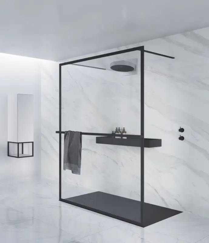 Neuheit Riho Lucid Walk In Duschwand mit 2 Stabilisationsstangen 900 x 2000 mm - Profil Schwarz Matt