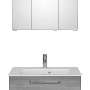 Must-Have Pelipal TrenTino Komplett-Set Waschtischunterschrank Spiegelschrank Kranzleuchte Mineralmarmorwaschtisch 770 x 2000 x 500 mm - Graphit Struktur quer Nachbildung