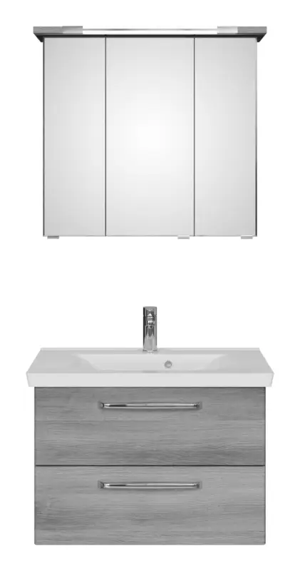 Pelipal TrenTino Komplett-Set Waschtischunterschrank Spiegelschrank Kranzleuchte Mineralmarmorwaschtisch 800 x 2000 x 510 mm - Graphit Struktur quer Nachbildung Sonderaktion