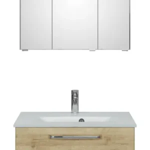 Top-Seller Pelipal TrenTino Komplett-Set Waschtischunterschrank Spiegelschrank Aufsatzleuchte Glaswaschtisch 770 x 2000 x 500 mm - Riviera Eiche quer Nachbildung