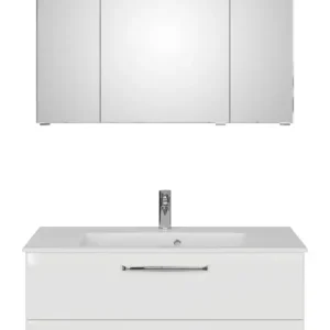 Sale Pelipal TrenTino Komplett-Set Waschtischunterschrank Spiegelschrank Kranzleuchte Mineralmarmorwaschtisch 1070 x 2000 x 500 mm - Weiß Glanz / Weiß Hochglanz