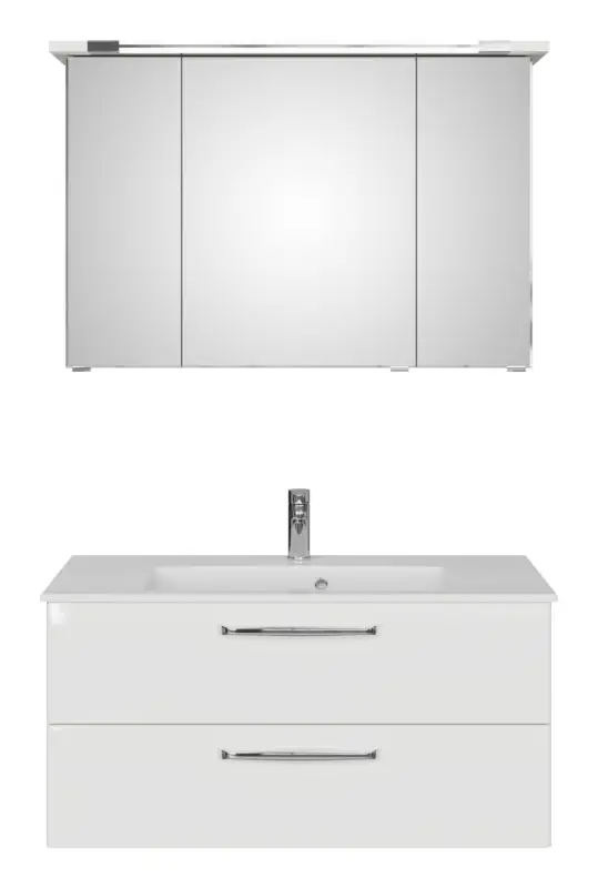 Sale Pelipal TrenTino Komplett-Set Waschtischunterschrank Spiegelschrank Kranzleuchte Mineralmarmorwaschtisch 1070 x 2000 x 500 mm - Weiß Glanz / Weiß Hochglanz