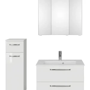 Top-Preis Pelipal TrenTino Komplett-Set Waschbeckenunterschrank 3D-Spiegelschrank mit Kranzleuchte Unterschrank Mineralmarmorwaschtisch 1070 x 2000 x 500 mm - Weiß Glanz / Weiß Hochglanz