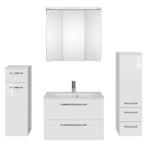 Geprüft Pelipal TrenTino Komplett-Set Waschbeckenunterschrank 3D-Spiegelschrank mit Kranzleuchte Midischrank / Unterschrank Mineralmarmorwaschtisch 1370 x 2000 x 500 mm - Weiß Glanz / Weiß Hochglanz