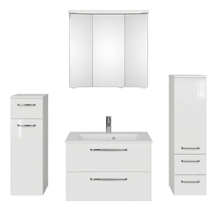 Geprüft Pelipal TrenTino Komplett-Set Waschbeckenunterschrank 3D-Spiegelschrank mit Kranzleuchte Midischrank / Unterschrank Mineralmarmorwaschtisch 1370 x 2000 x 500 mm - Weiß Glanz / Weiß Hochglanz