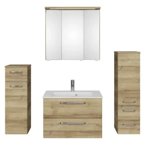 Beliebt Pelipal TrenTino Komplett-Set Waschbeckenunterschrank 3D-Spiegelschrank mit Kranzleuchte Midischrank / Unterschrank Mineralmarmorwaschtisch 1370 x 2000 x 500 mm - Riviera Eiche quer Nachbildung