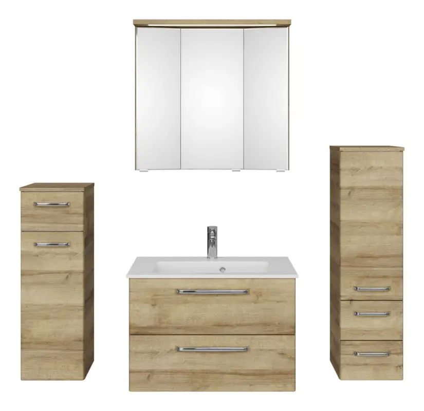 Beliebt Pelipal TrenTino Komplett-Set Waschbeckenunterschrank 3D-Spiegelschrank mit Kranzleuchte Midischrank / Unterschrank Mineralmarmorwaschtisch 1370 x 2000 x 500 mm - Riviera Eiche quer Nachbildung