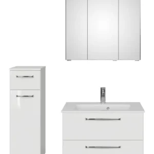 Sofort Bestellen Pelipal TrenTino Komplett-Set Waschbeckenunterschrank Spiegelschrank mit Kranzleuchte Unterschrank Mineralmarmorwaschtisch 1070 x 2000 x 500 mm - Weiß Glanz / Weiß Hochglanz