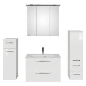 Zertifiziert Pelipal TrenTino Komplett-Set Waschbeckenunterschrank Spiegelschrank mit Kranzleuchte Midischrank / Unterschrank Mineralmarmorwaschtisch 1370 x 2000 x 500 mm - Weiß Glanz / Weiß Hochglanz
